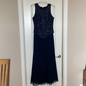 NWOT Jkara Navy Beaded Long Dress Size 10
